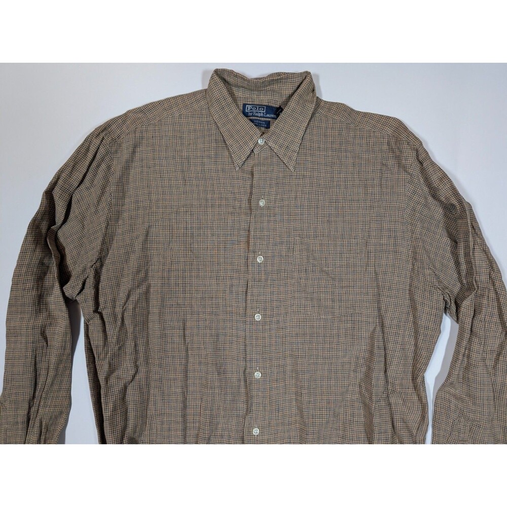 Polo Ralph Lauren Shirt Mens Large Brown Linen Plaid Long Sleeve Pocket Merrin